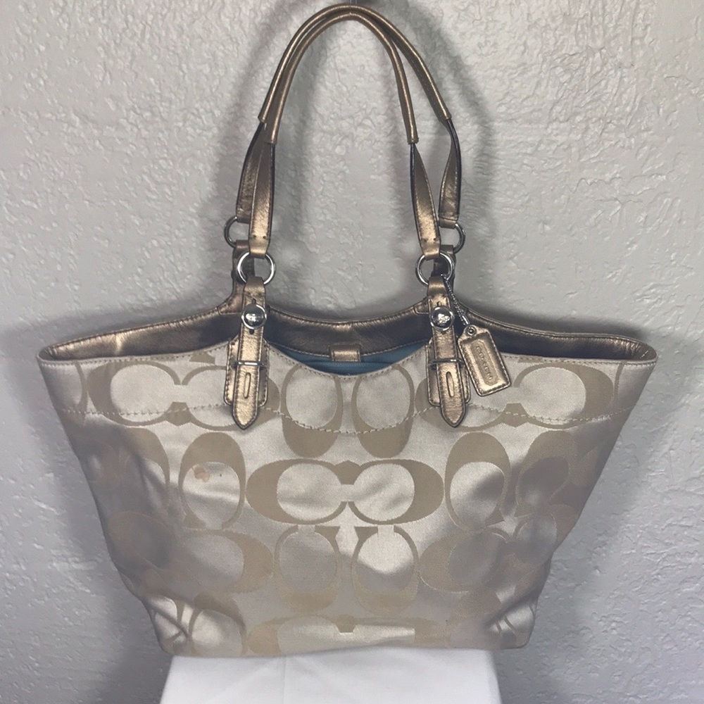 Coach Carly khaki tan satin signature shoulder bag